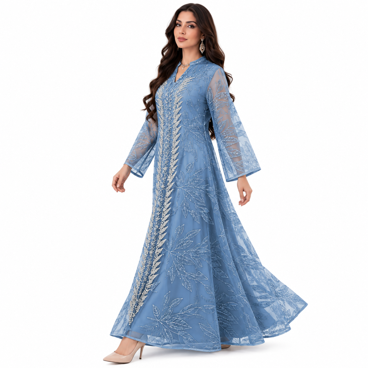 Elegant Blue Botanical Embroidered Kaftan Dress-2