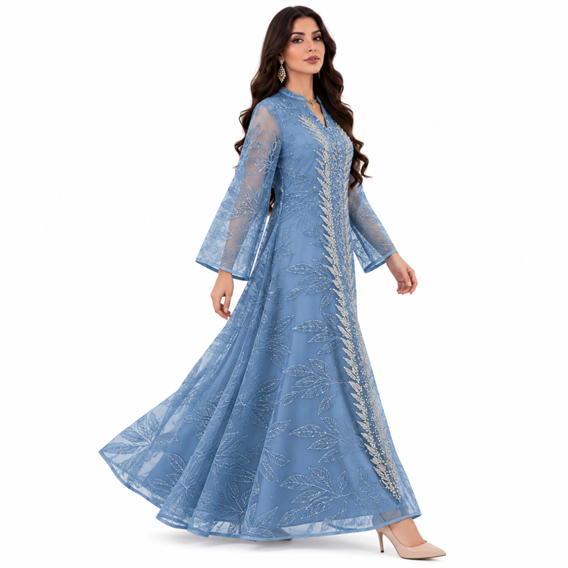 Elegant Blue Botanical Embroidered Kaftan Dress-3