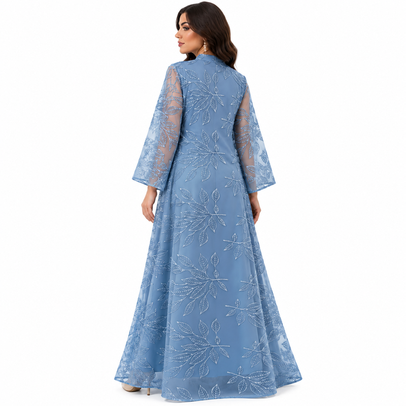 Elegant Blue Botanical Embroidered Kaftan Dress-4