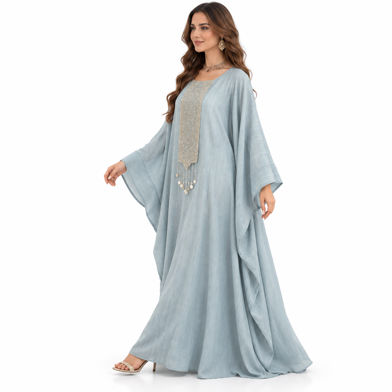 Sky Blue Embellished Flowing Luxury Kaftan-2