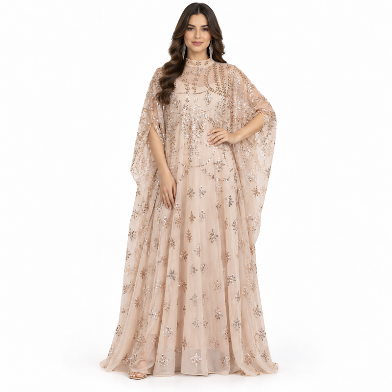 Beige Embellished Elegant Flowing Luxury Kaftan-1
