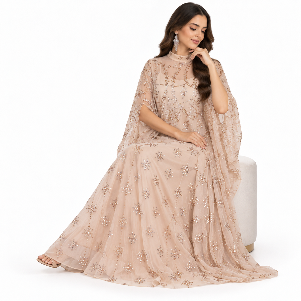Beige Embellished Elegant Flowing Luxury Kaftan-3