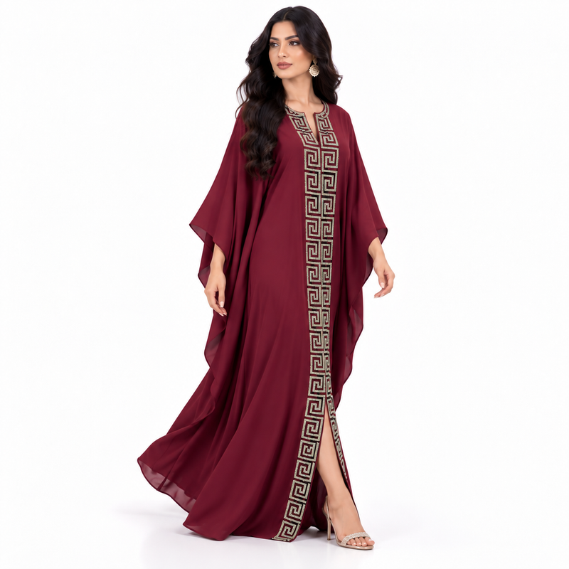 Burgundy Greek Embroidered Flowing Luxury Kaftan-3