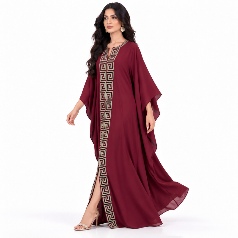 Burgundy Greek Embroidered Flowing Luxury Kaftan-2