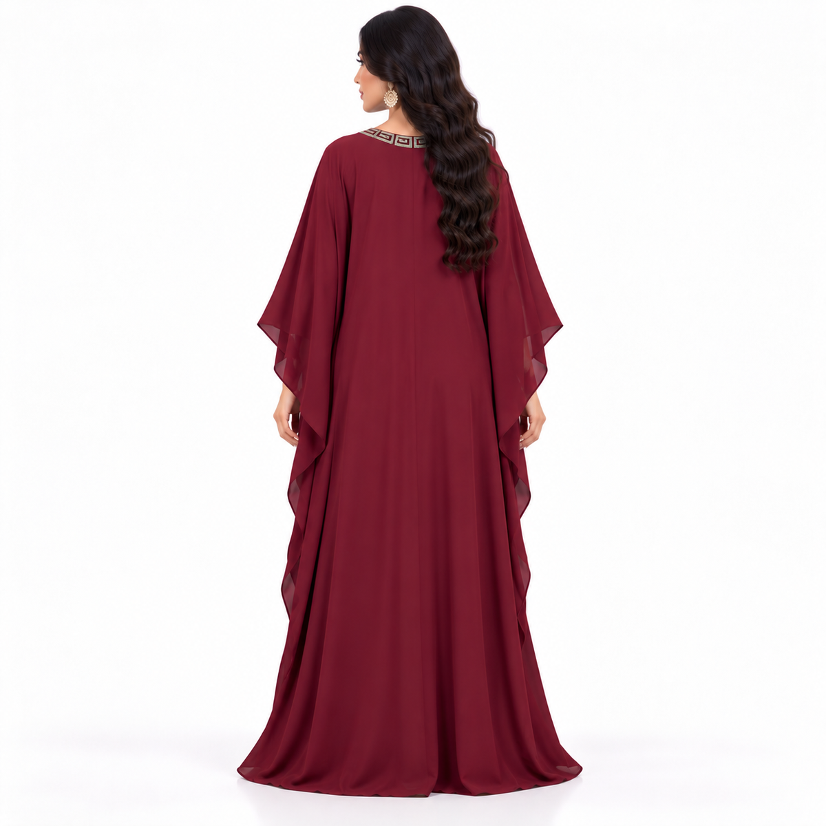 Burgundy Greek Embroidered Flowing Luxury Kaftan-4