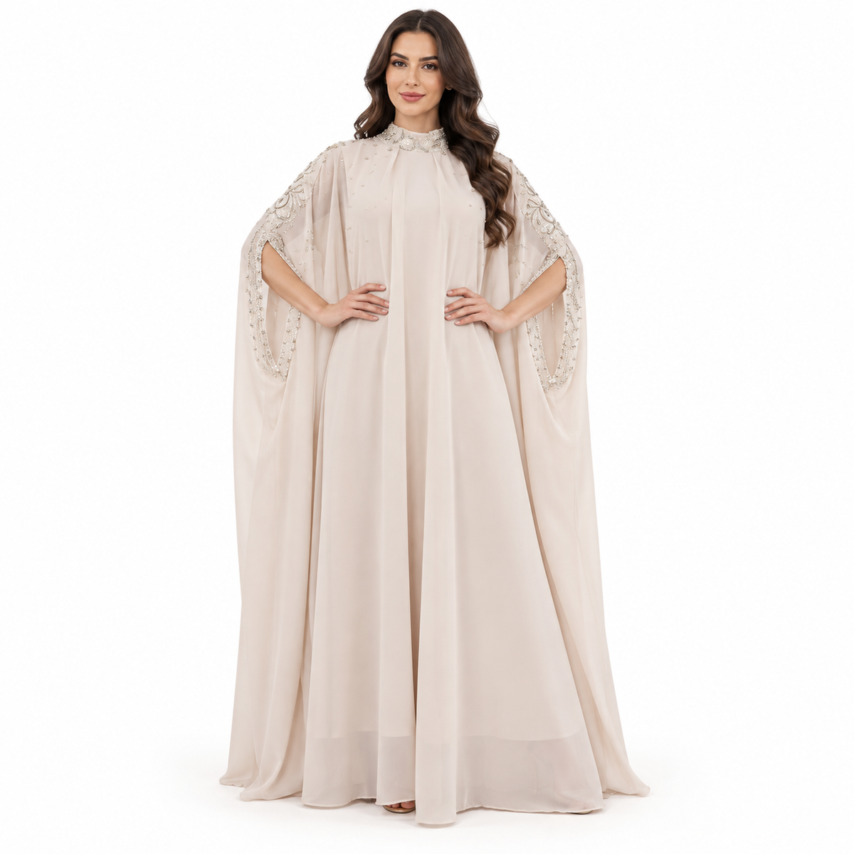 Beige Embellished Flowing Cape Sleeve Kaftan-1