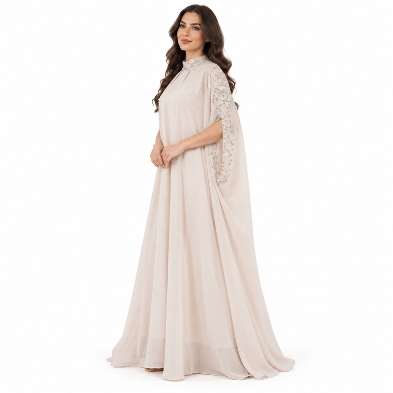 Beige Embellished Flowing Cape Sleeve Kaftan-2