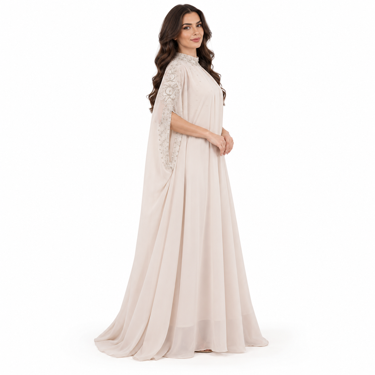 Beige Embellished Flowing Cape Sleeve Kaftan-3