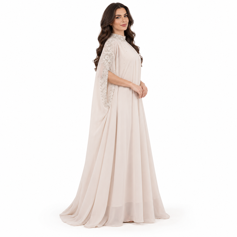 Beige Embellished Flowing Cape Sleeve Kaftan-3
