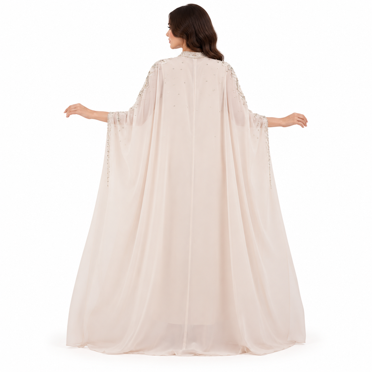 Beige Embellished Flowing Cape Sleeve Kaftan-4