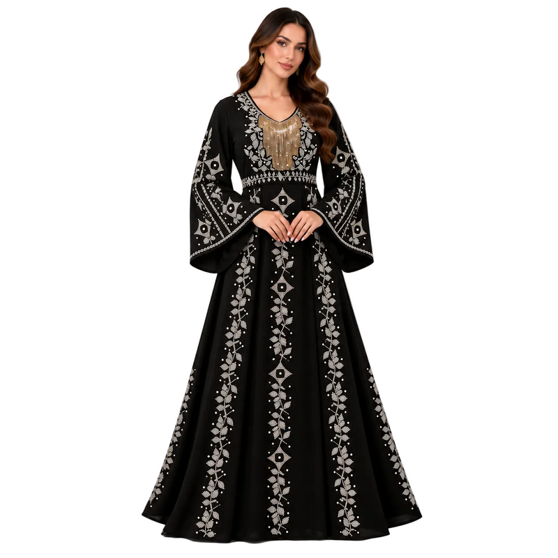 Black Embroidered Elegant Bell Sleeve Dress-1