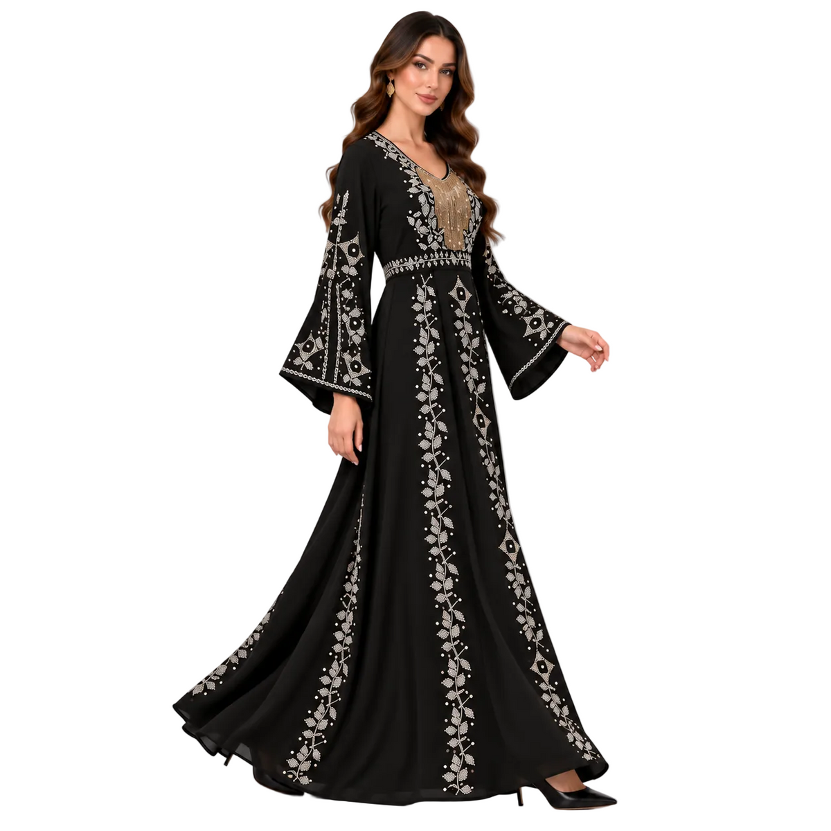 Black Embroidered Elegant Bell Sleeve Dress-3
