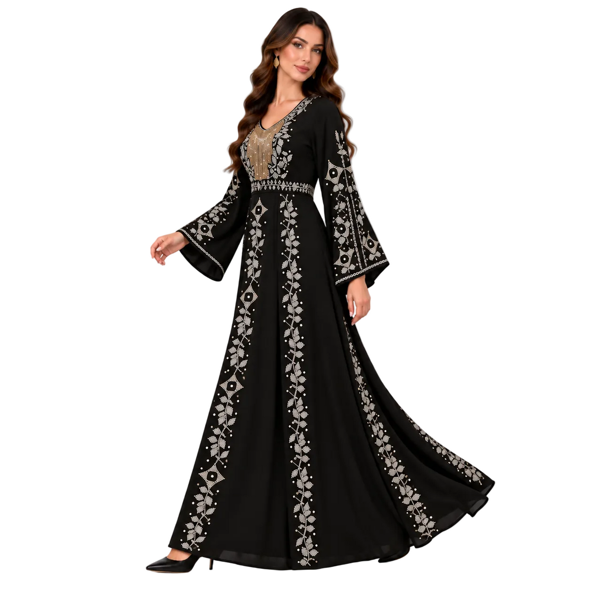 Black Embroidered Elegant Bell Sleeve Dress-2