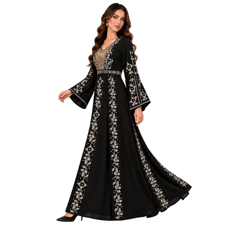 Black Embroidered Elegant Bell Sleeve Dress-2