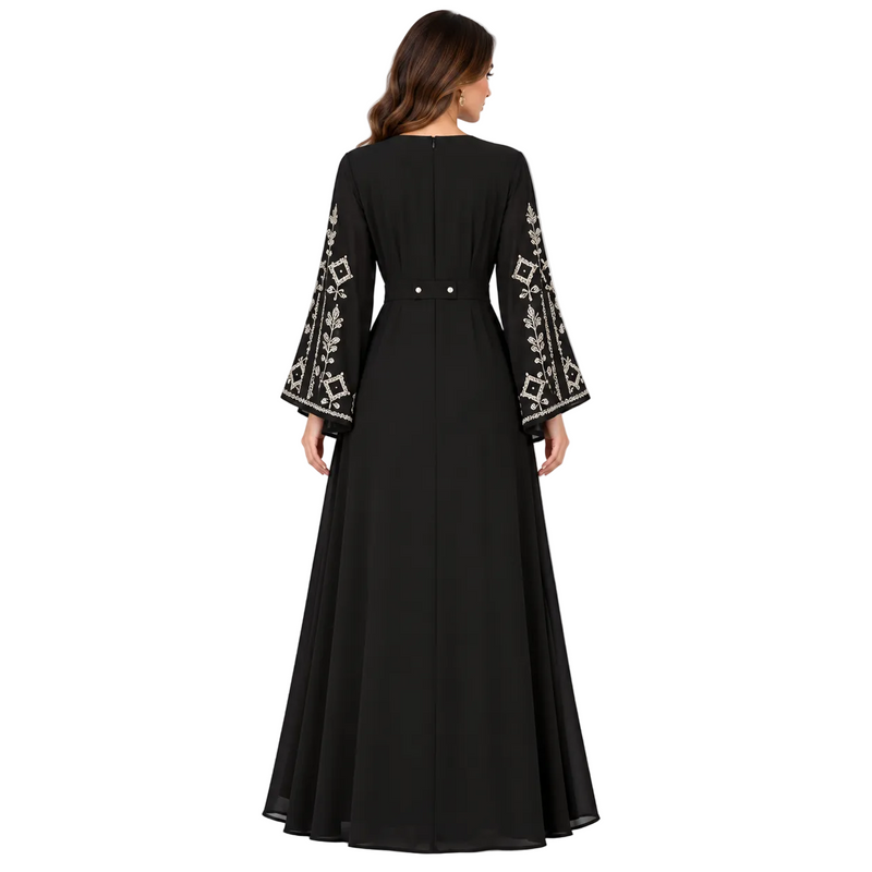 Black Embroidered Elegant Bell Sleeve Dress-4