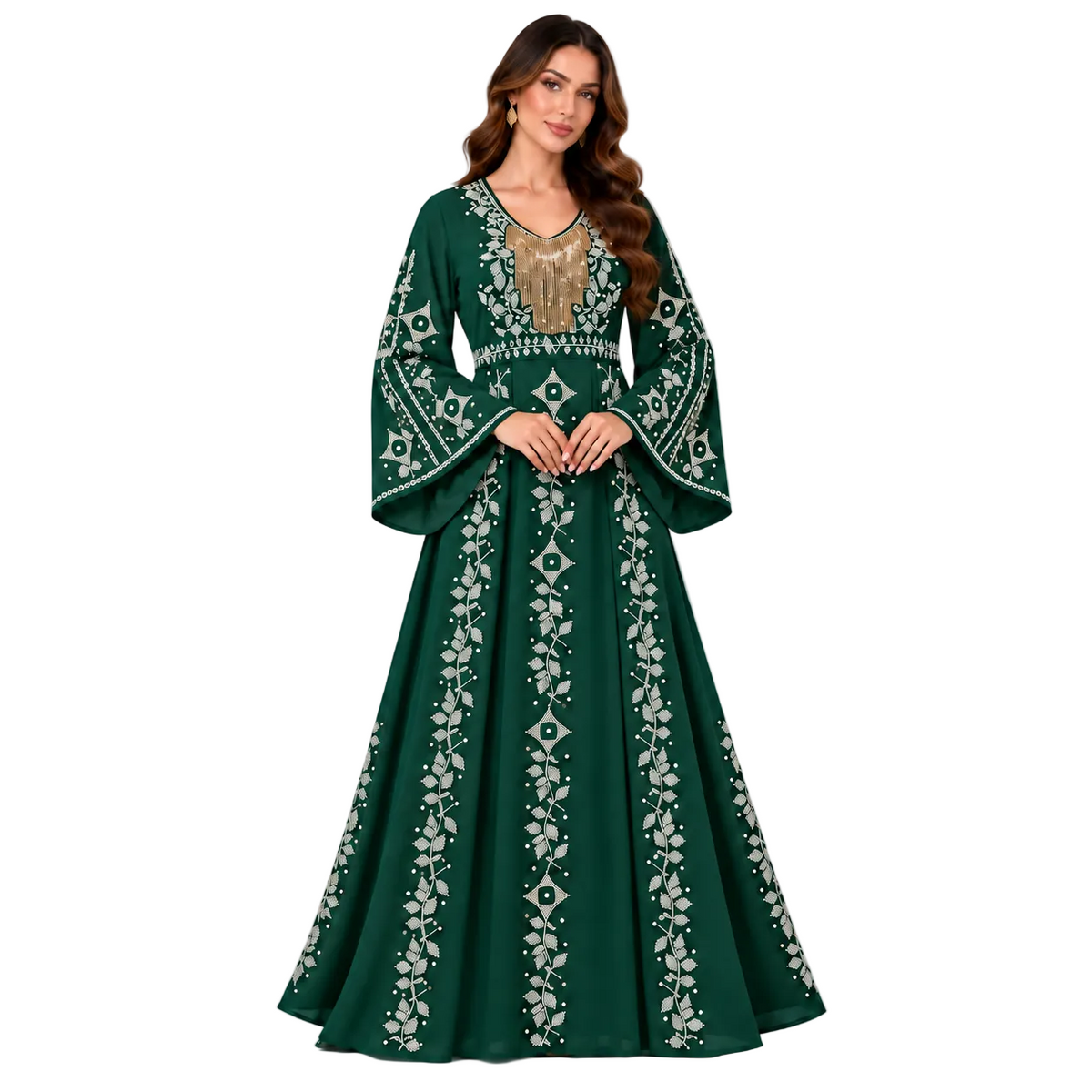 Emerald Green Embroidered Bell Sleeve Dress-1