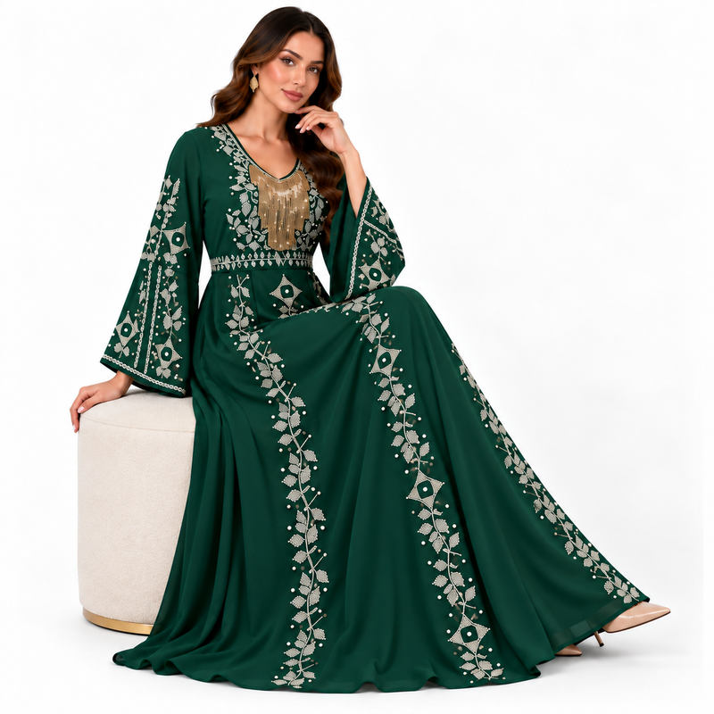 Emerald Green Embroidered Bell Sleeve Dress-3