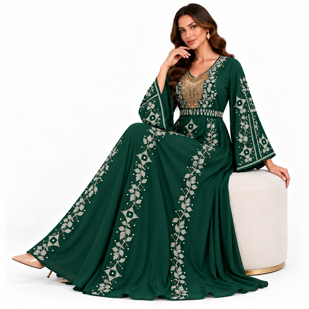 Emerald Green Embroidered Bell Sleeve Dress-2