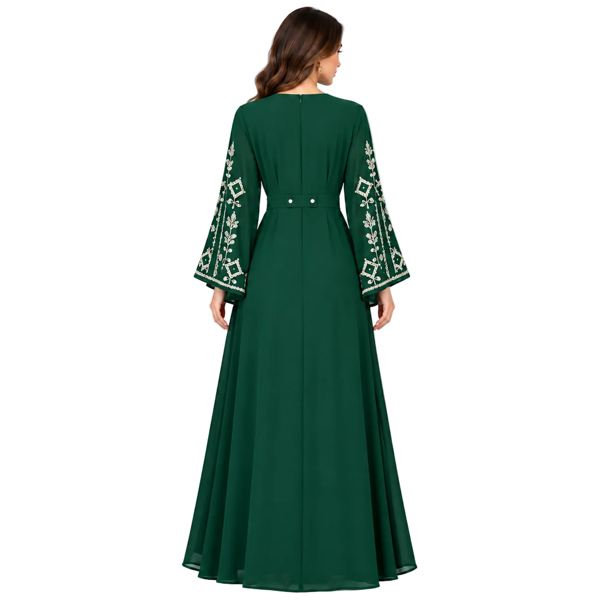 Emerald Green Embroidered Bell Sleeve Dress-4