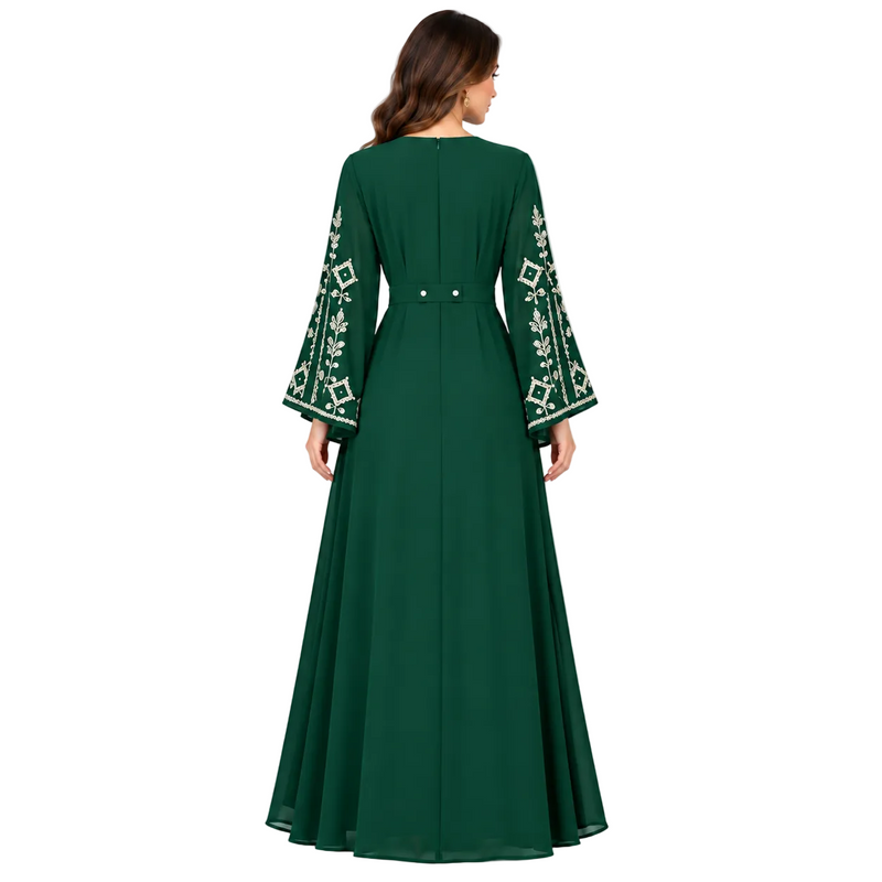 Emerald Green Embroidered Bell Sleeve Dress-4