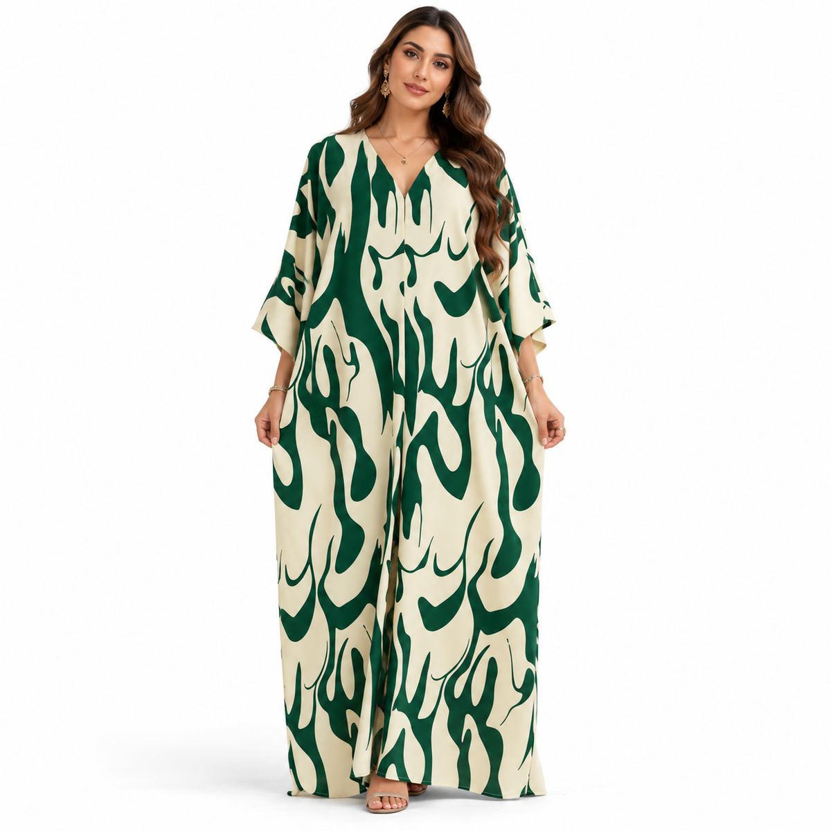 Abstract Green Ivory Flowing Women’s Kaftan-1