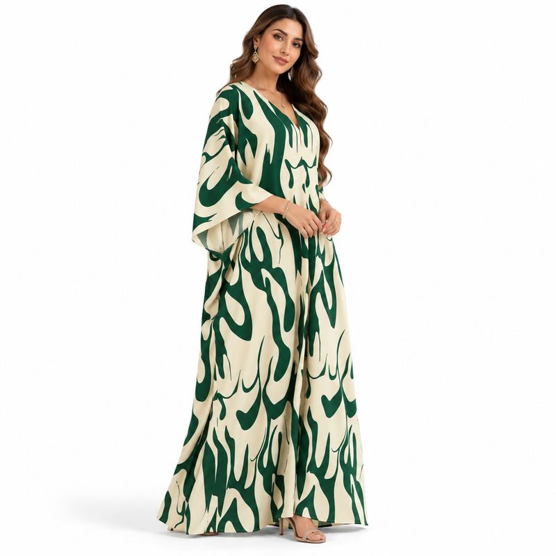 Abstract Green Ivory Flowing Women’s Kaftan-3