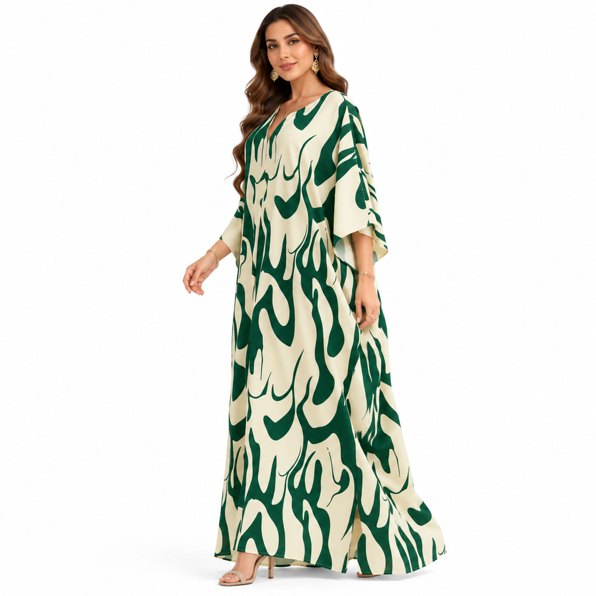 Abstract Green Ivory Flowing Women’s Kaftan-2