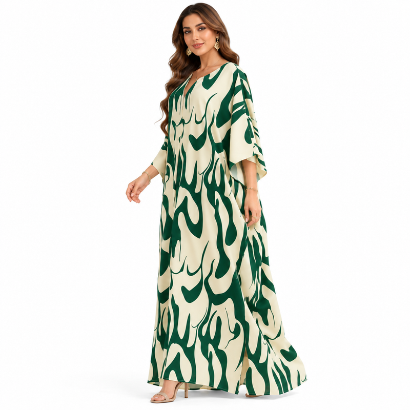 Abstract Green Ivory Flowing Women’s Kaftan-2