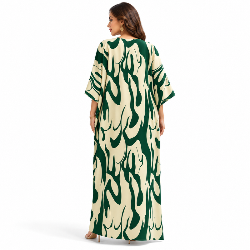 Abstract Green Ivory Flowing Women’s Kaftan-4
