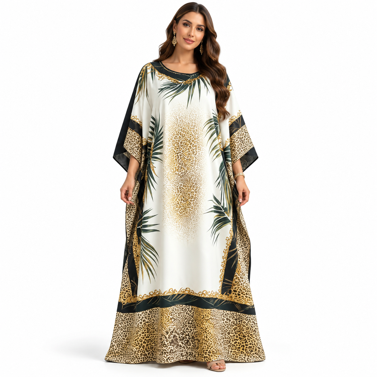 Beige Leopard Palm Print Luxury Kaftan-1