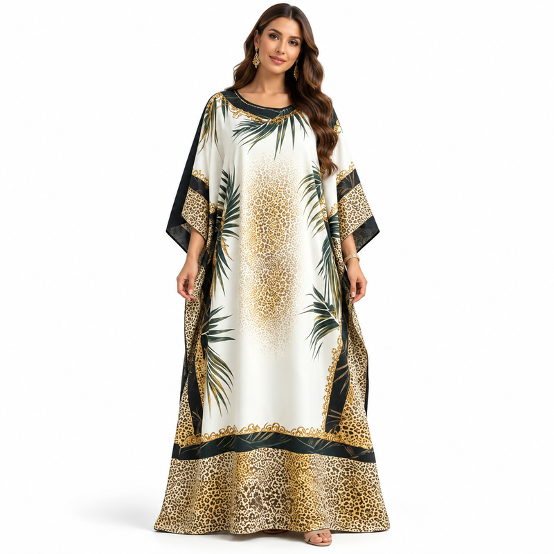 Beige Leopard Palm Print Luxury Kaftan-1