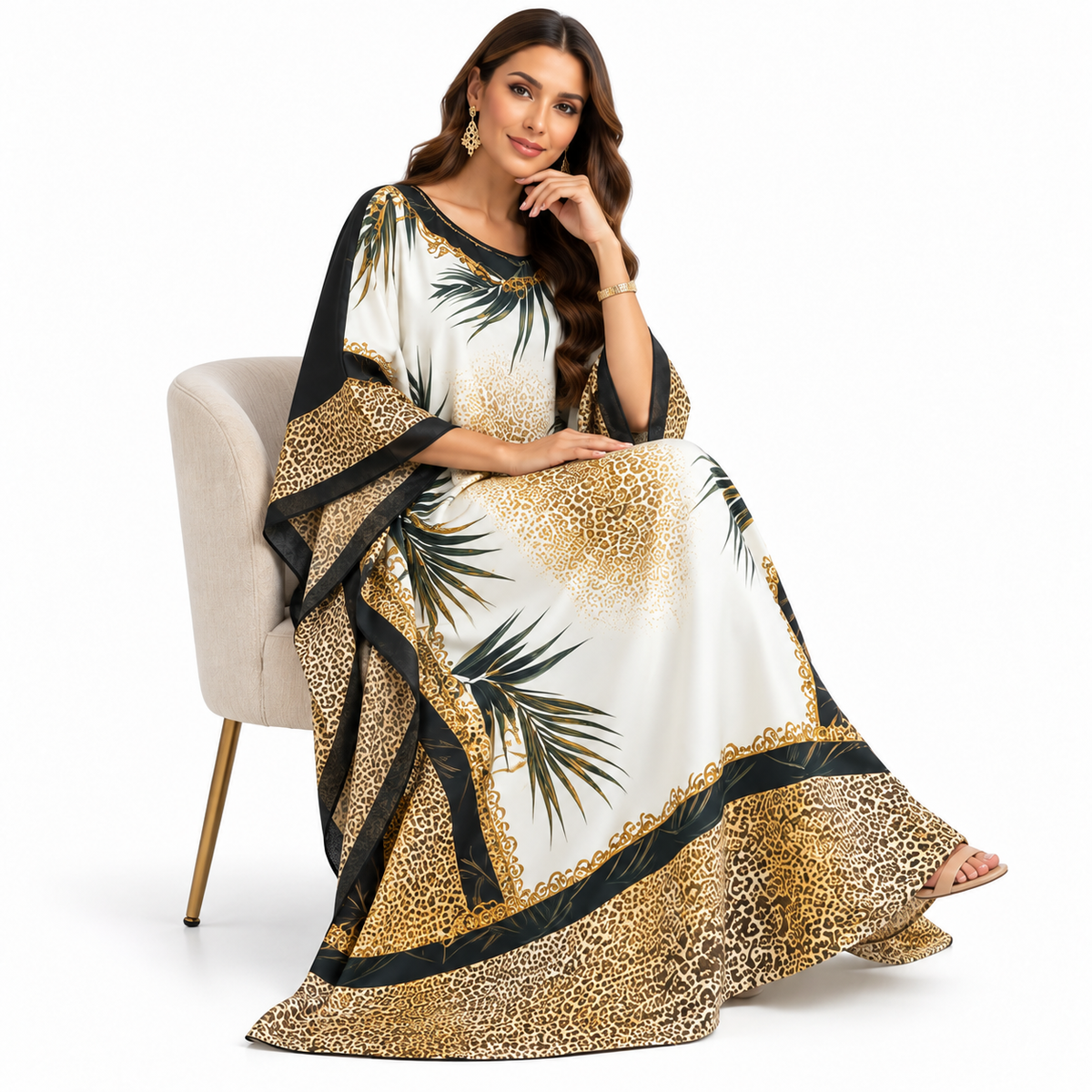 Beige Leopard Palm Print Luxury Kaftan-4