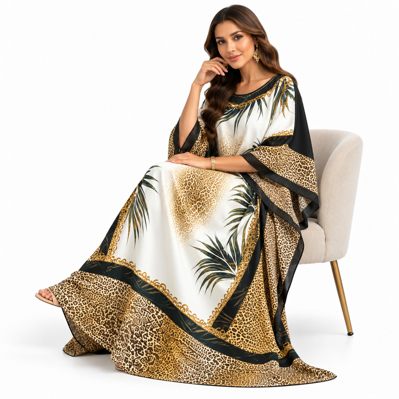 Beige Leopard Palm Print Luxury Kaftan-3