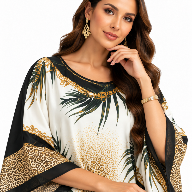 Beige Leopard Palm Print Luxury Kaftan-2