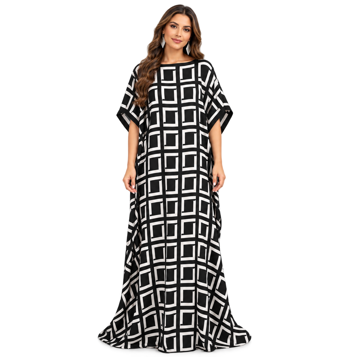 Black White Geometric Print Flowing Kaftan-1