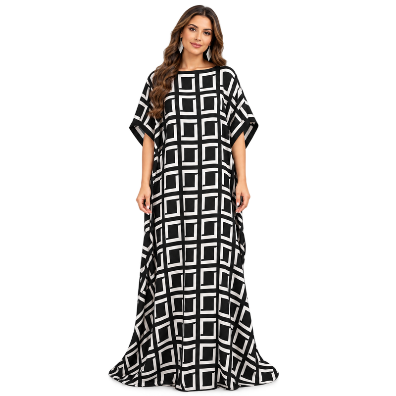 Black White Geometric Print Flowing Kaftan-1