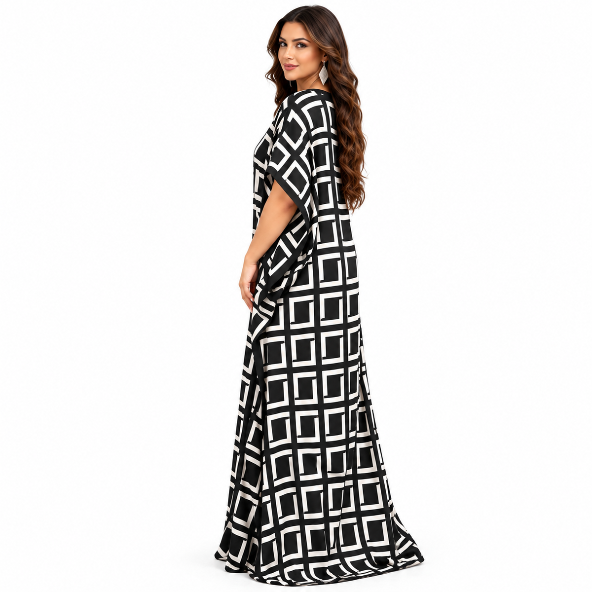 Black White Geometric Print Flowing Kaftan-3
