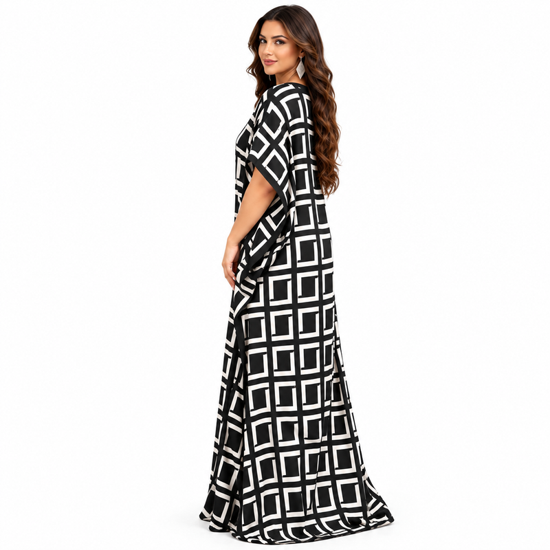Black White Geometric Print Flowing Kaftan-3
