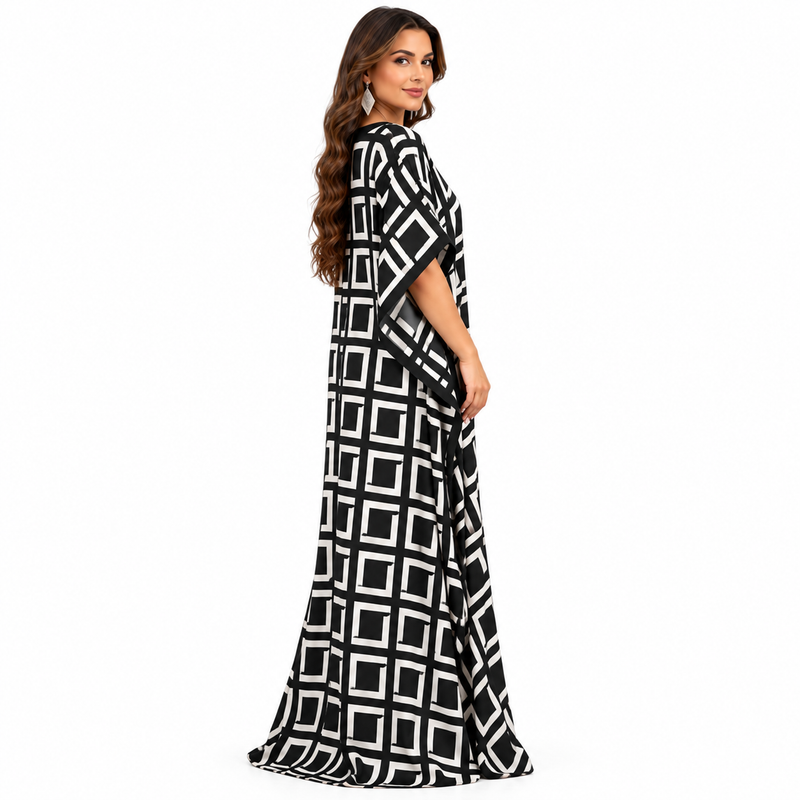 Black White Geometric Print Flowing Kaftan-2