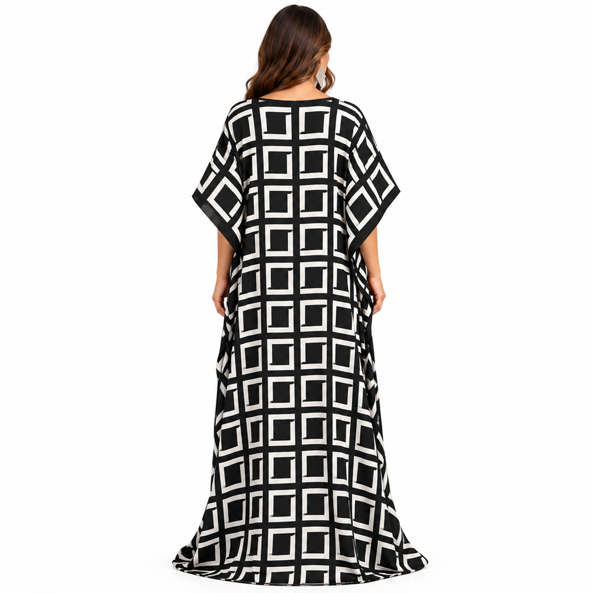 Black White Geometric Print Flowing Kaftan-4