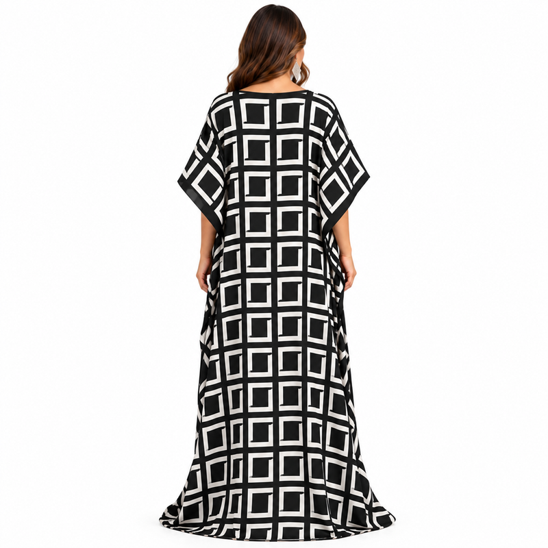 Black White Geometric Print Flowing Kaftan-4