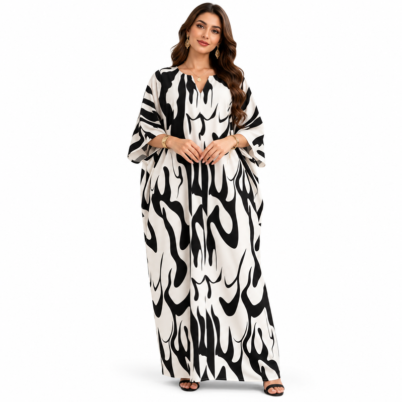Abstract Monochrome Flowing Women’s Maxi Kaftan-1