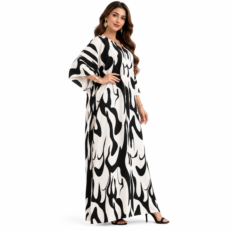 Abstract Monochrome Flowing Women’s Maxi Kaftan-3