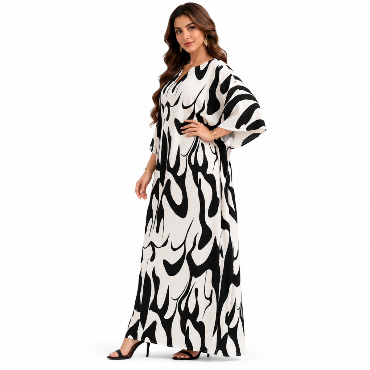 Abstract Monochrome Flowing Women’s Maxi Kaftan-2