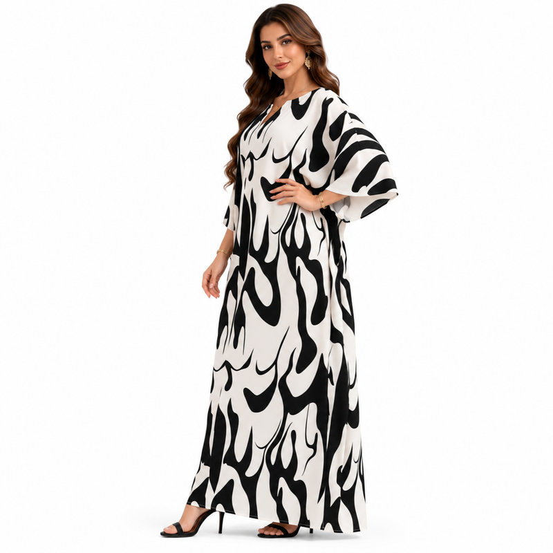 Abstract Monochrome Flowing Women’s Maxi Kaftan-2