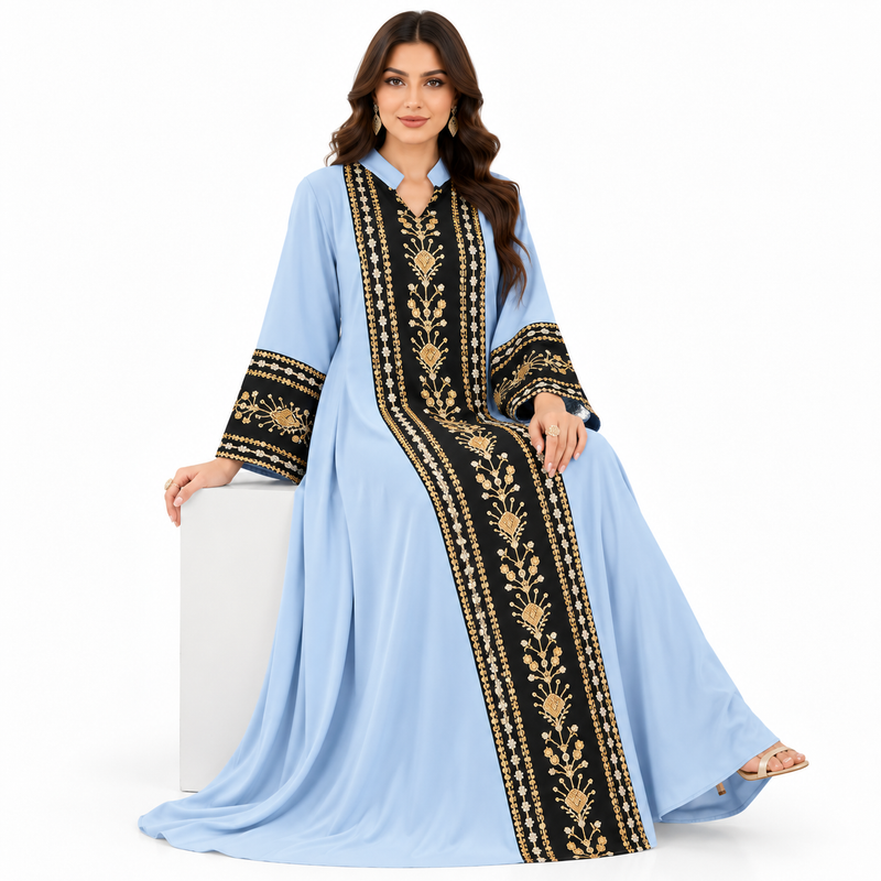 Blue Gold Embroidered Moroccan Luxury Kaftan-3