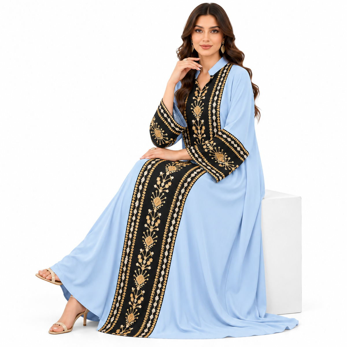 Blue Gold Embroidered Moroccan Luxury Kaftan-2