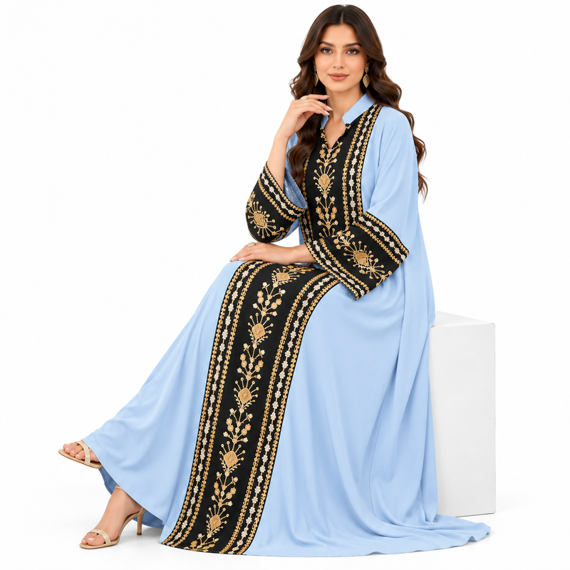 Blue Gold Embroidered Moroccan Luxury Kaftan-2