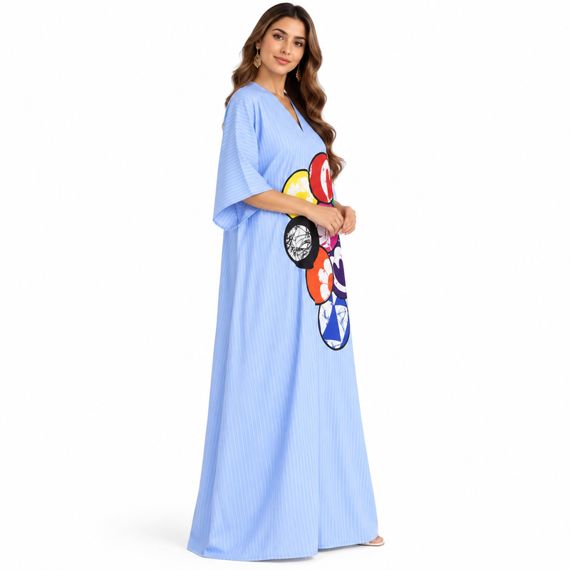 Blue Striped Colorful Graphic Maxi Kaftan-4