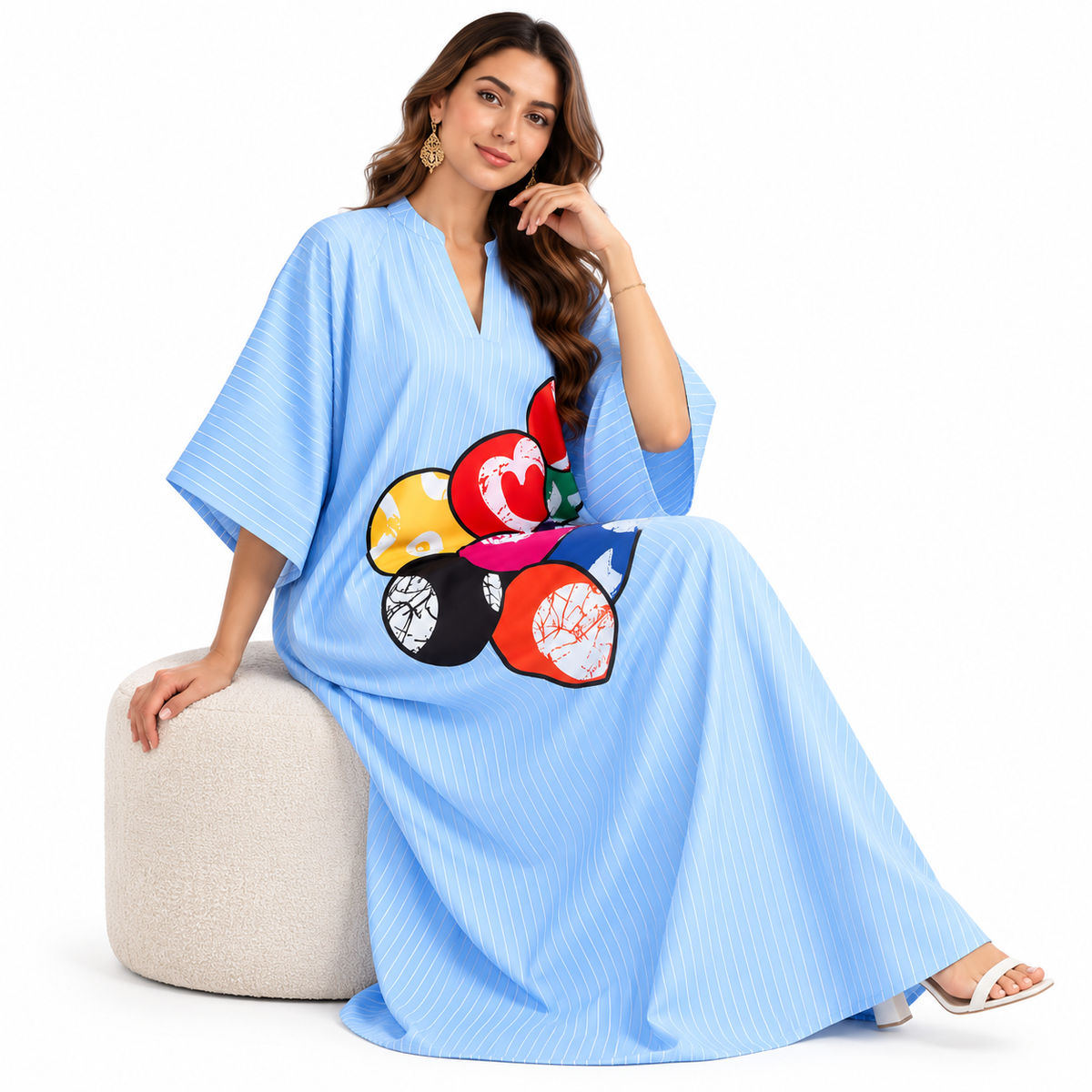 Light Blue Graphic Striped Maxi Kaftan-3
